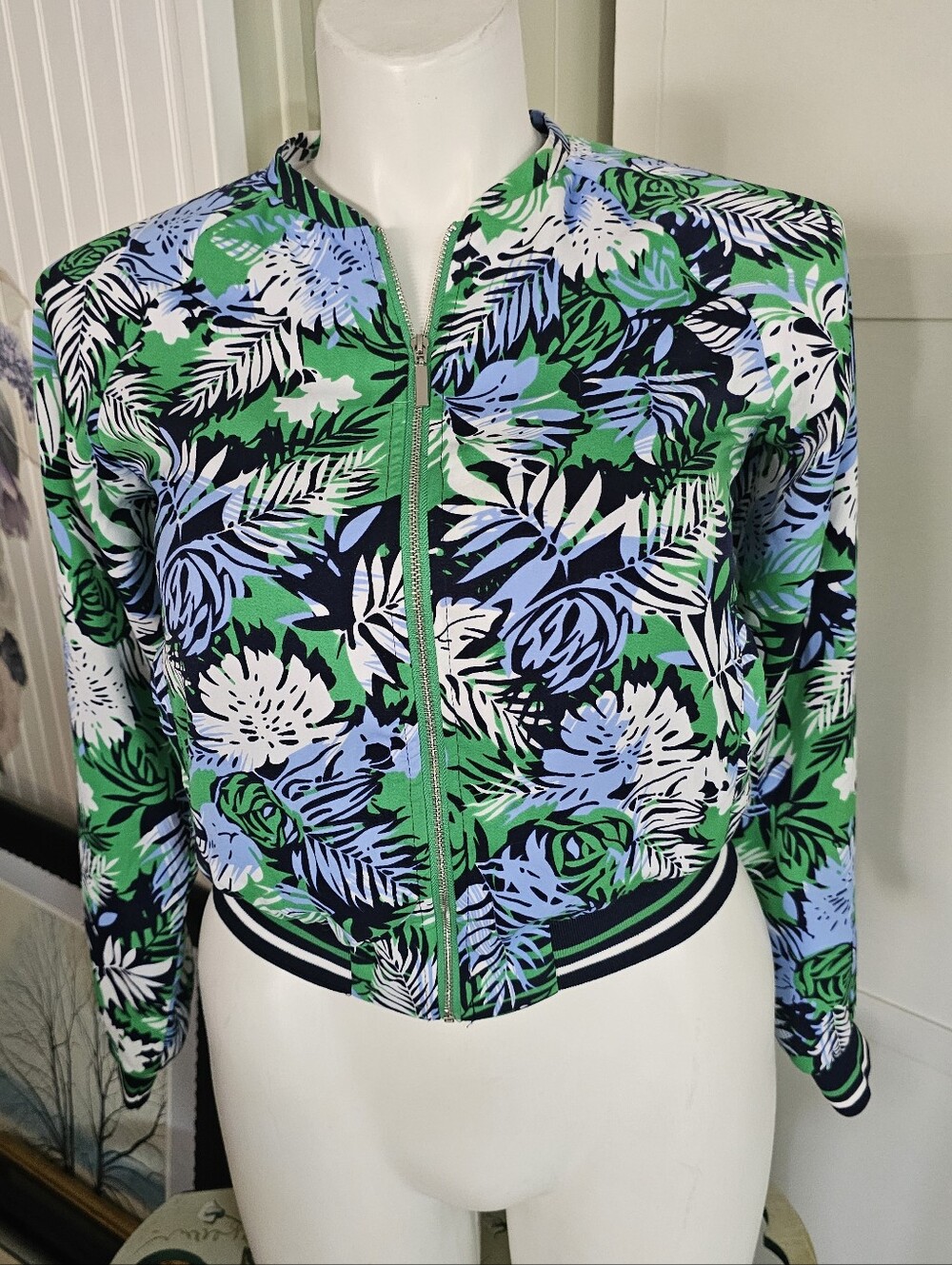 Kira Plastinina Tropical Bomber Jacket Womens M Green Blue Leaf Print Full